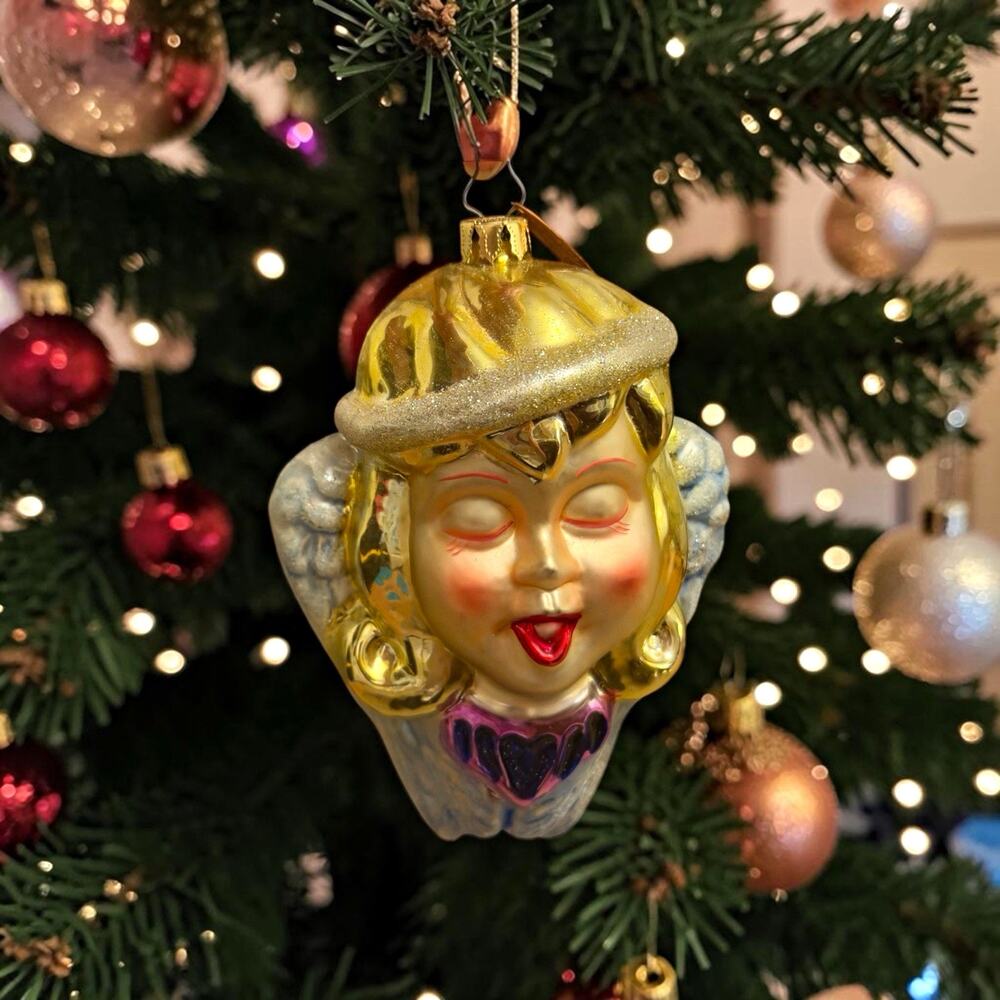 Vintage Mark Roberts 2003 Glass Angel Head Christmas Ornament Glitter Gold Blue